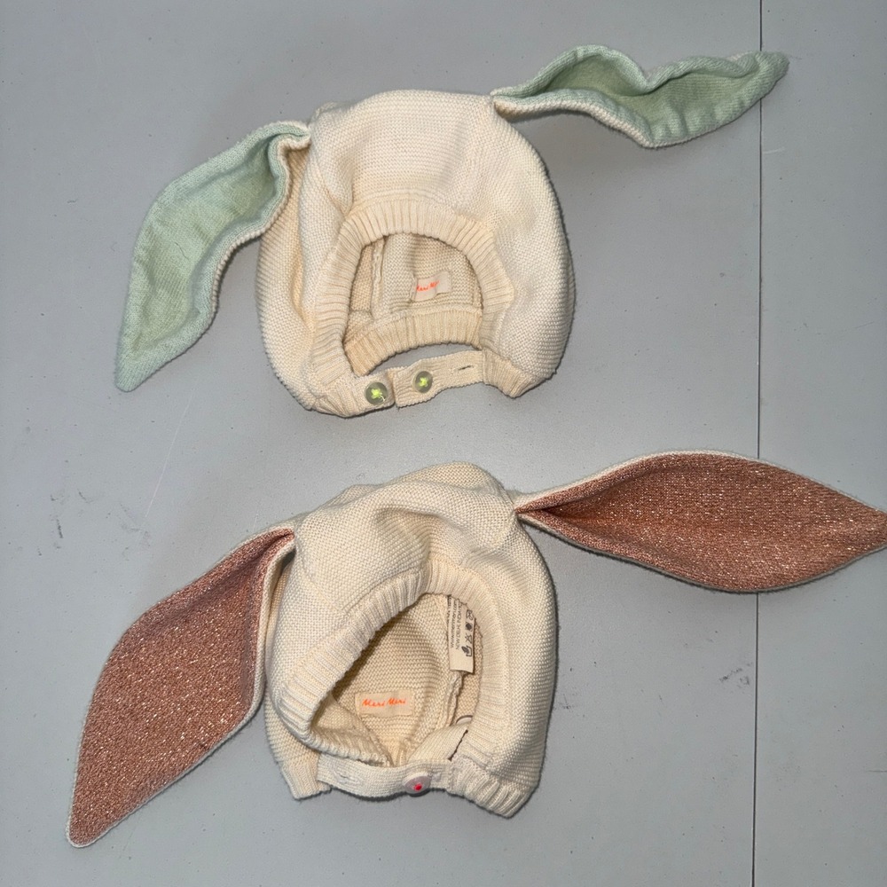 Meri Meri Kids Knit Bunny Bonnet Hat Lot of 2 Cream floppy  Ears photoshoot